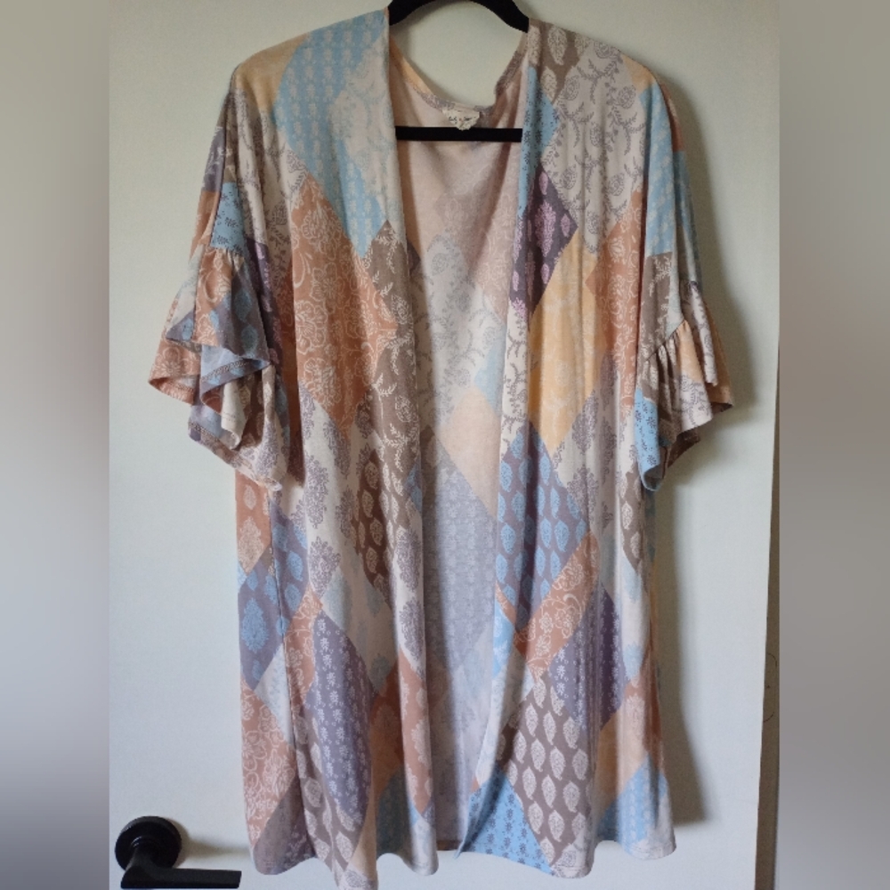 Multicolor Patchwork Kimono With Ruffled Sleeves Size XL